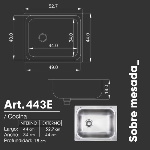 Bacha Cocina Mi Pileta Simple 443-e (49x40x18) Ace Inox 304