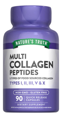 Nature's Truth Suplemento de Complejo de proteína de colágeno múltiple Tipo I, Il, Ill, V, X - 2,000 mg por cada 4 cápsulas, 90 Cápsulas para 22 días