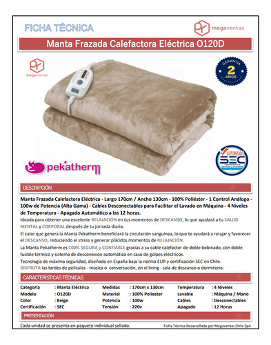 Manta Frazada Calefactora Eléctrica 100w Alta Gama O120d