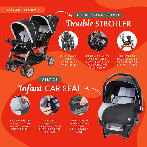 Cochecito Doble Con Asiento Infantil Y Base Para Vehículo