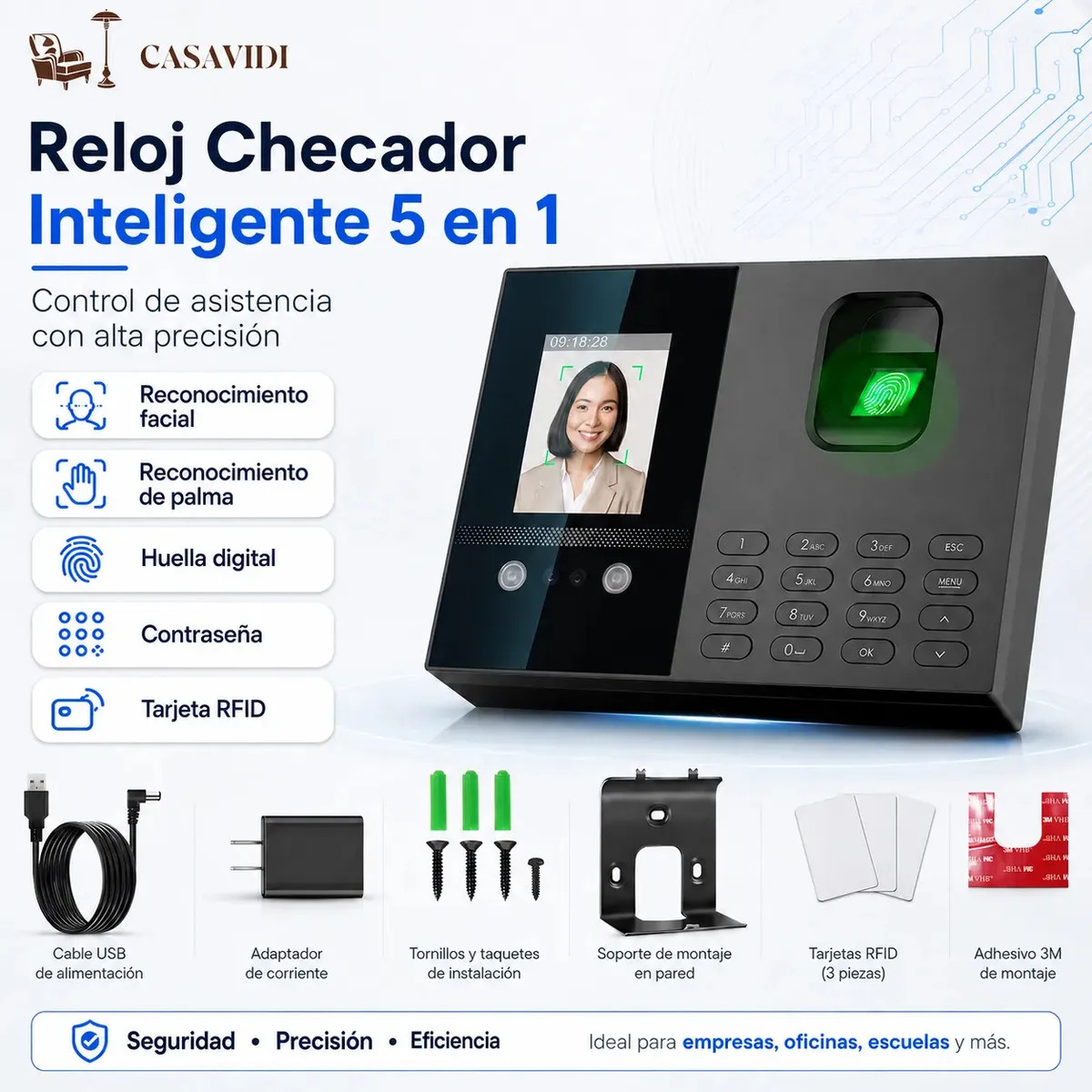 Reloj Checador Biométrico CASAVIDI con Reconocimiento Facial y Huella Dactilar para Empleados