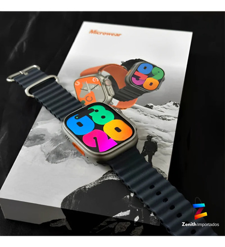 Smartwatch Ultra Serie 9 Plus -amoled Cor da caixa Prateado Cor da pulseira Preto Cor do bisel Laranja Desenho da pulseira Silicone
