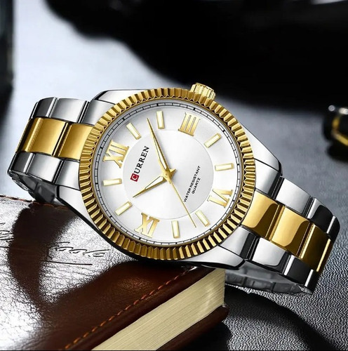 Reloj Curren Malla Mixta Dorado Plateado 8453 Blanco Negro