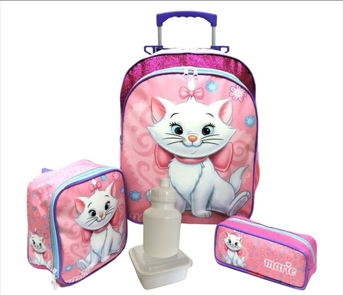 Kit Mochila Gatinha Marie Rodinhas Tam G Rosa F5 + Lancheira