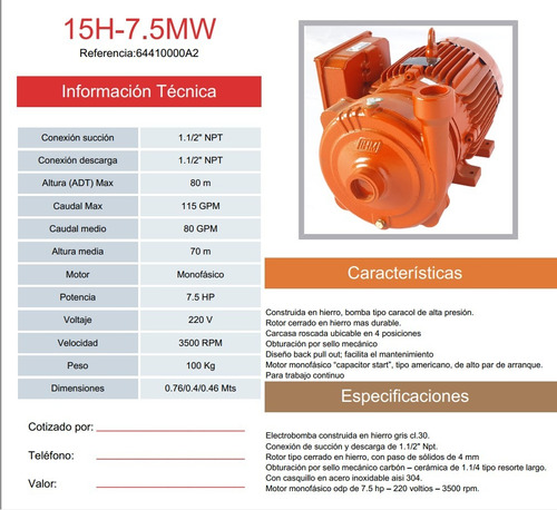 Bomba Centrifuga Ihm Mod 15h-7,5mw De 7,5hp 220 Volt 1 Ph