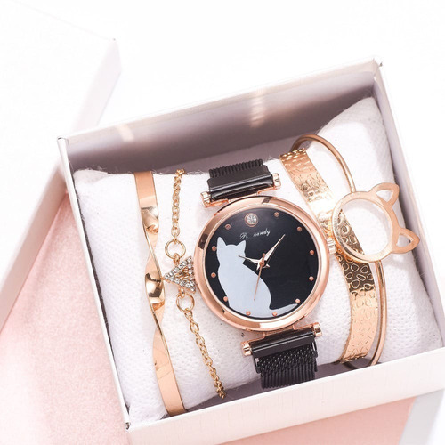 Imagen 1 de 3 de Reloj Dama Gato - Pulso Magnético + Pulseras + Estuche