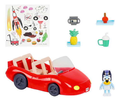 Bluey Y Carro Convertible Con Accesorios Color Rojo