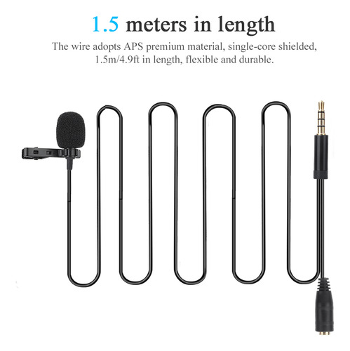 Micrófono De 3,5 Mm, 1,5 M, Solapa Doble, Clip De Clip Para