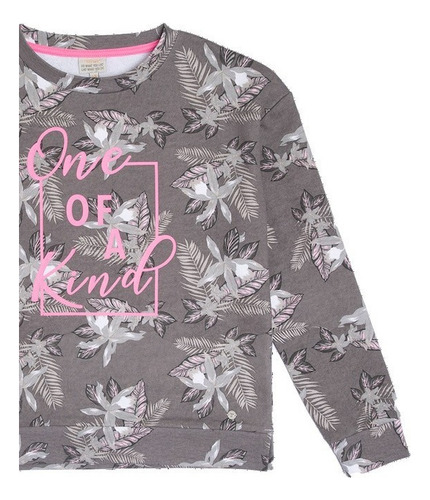 Poleron Crew Full Print Flores Tropicales Gris Pillin