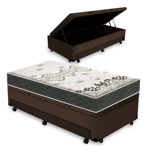Cama Box Baú + Auxiliar Solteiro E Colchão De Espuma D33 Cor Marrom