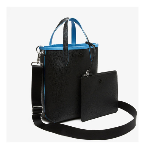 Bolsa Lacoste Doble Vista, Doble Estilo. Azul Acero Cocodrilo Grande Y Letras Plata Negro