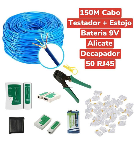 Kit 150m Cabo Rede + Testador + Alicate + 50 Rj45 + Bateria