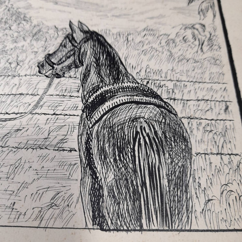 Imagem 6 de 6 de Desenho Pintura Nanquim Bico De Pena Antigo Cavalo Porteira