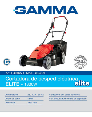 Imagen 2 de 5 de Cortadora Pasto Elite Gamma 1800w G4946ar Bolsa Recolect