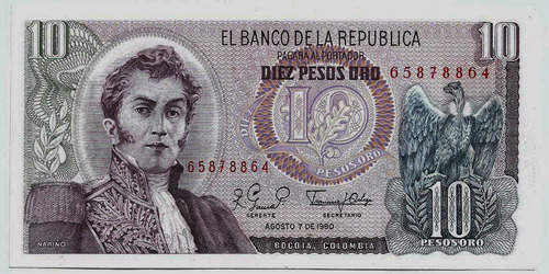  Fk Billete Colombia 10 Pesos De Oro 1980 Sin Cricular