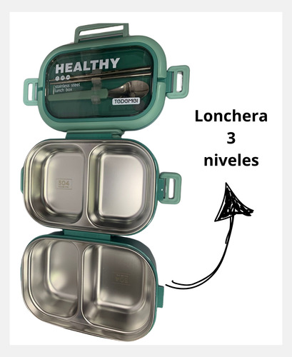 Lunchera Termica Contenedor Hermetico 3 Niveles C/ Cubiertos Verde Verde Claro