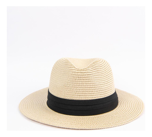 Sombrero Fedora Crema Claro Con Cinta Negra Y Ala Ancha