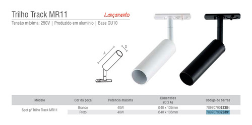 Luminária Spot Para Trilho Track Mr11 Gui10 Preto/branco