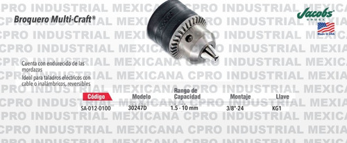 Broquero Multi Craft Jacobs 10mm Mc 3/8kg P