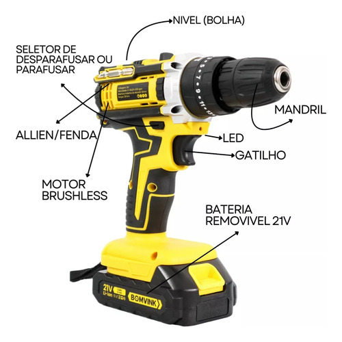Parafusadeira Furadeira Bateria 21v Bomvink Sem Fio Bom-9961