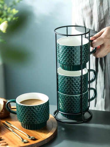 Lyeoboh Juego De Tazas De Café Apilables De Porcelana Con So