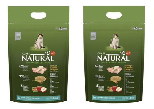 Ração Guabi Natural Adulto Castrado Frango 1,5kg Kit 2 Unid.