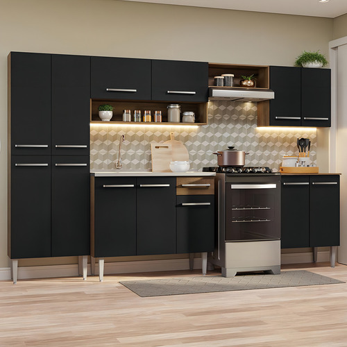 Armário De Cozinha Completa 293cm Com Pia Emilly Madesa 08 Cor Rustic/Preto