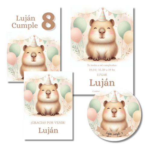 Imprimible Invitación Cumpleaños Capibara Carpincho Beige