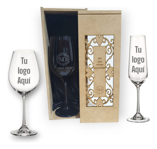 Copa Vino Cristal Grabada Laser Con Estuche Personalizado