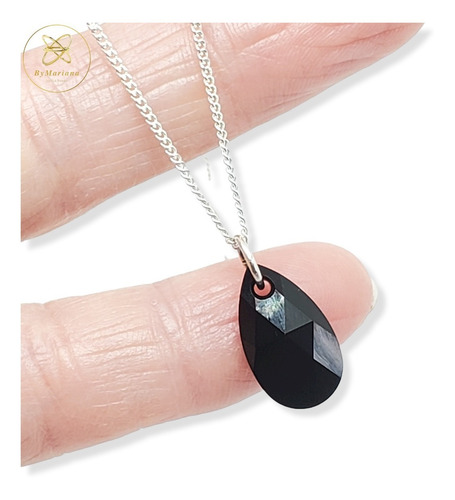 Imagen 3 de 6 de Cadena Plata + Dije Gota Cristal Swa Negro 10 X 16mm