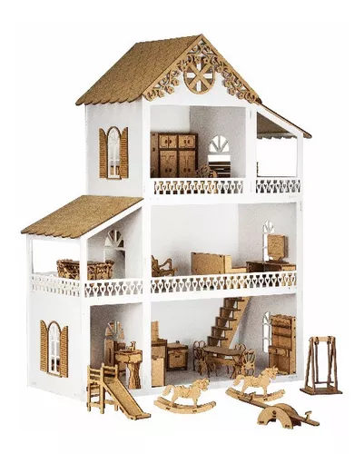 Casinha Casa de Boneca Barbie Polly Pintada 25 Móveis Madeira Mdf