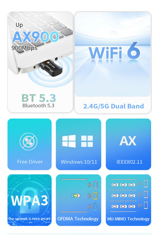 Antena Adaptador Wifi6 900mbps 2.4g + 5g Bluetoo5.3 Usb