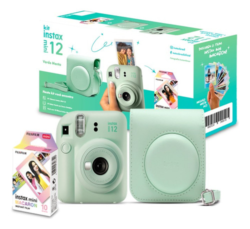 Kit Câmera Instax Mini 12 + 10 Fotos Macaron + Bolsa Verde