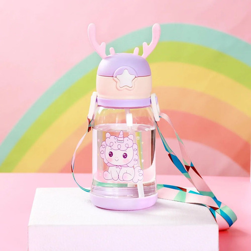 Botella de agua portátil con diseño de alce para niños con diseño de color lila