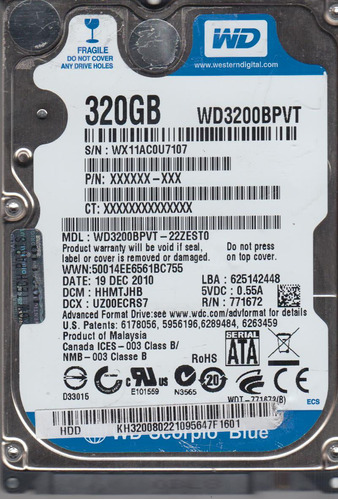 Disco Duro Sata 2.5 Western Digital 320gb, Wd3200bpvt-22zest