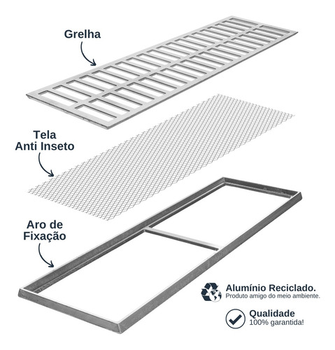 Grelha Ralo Linear Pluvial Aluminio 20x50 C/ Aro E Tela 13pç