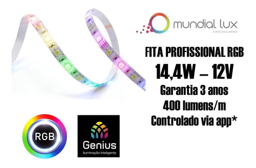 Fita Rgb 14,4w Led Mundial Lux 12v Ml-0025 Controle App Wifi