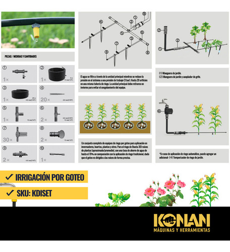 Sistema Irrigación Por Goteo Konan 61 Piezas Invernadero Jar