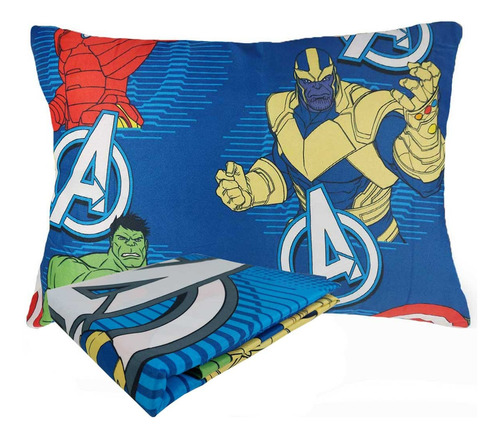 Jogo De Lençol Cama Solteiro Menino Avengers Azul 2 Peças