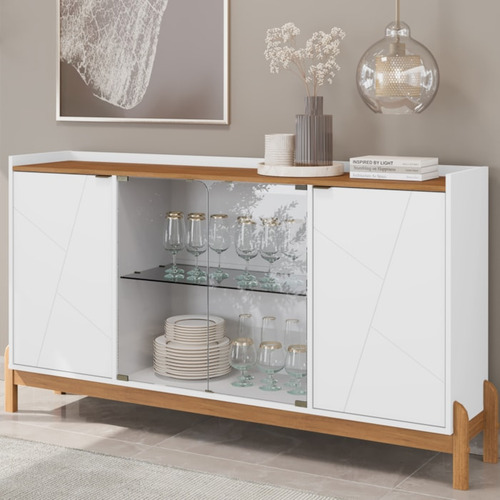 Balcao Buffet 50528 Porta De Vidro 168cm Branco Cedro Dcasa