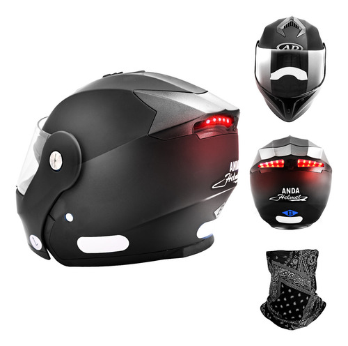 Mooaoo Casco Moto Negro Half Abatible Con Luz Led Certificado Dot Con Luces Traseras Intermitentes