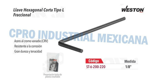 Llave Hexagonal L Corta Crv 1/8 In Paq C/40pzs
