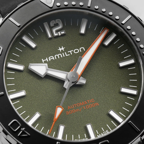 Reloj Hamilton Khaki Navy Frogman Automatic H77455360 Color de la malla Negro Color del bisel Negro Color del fondo Verde