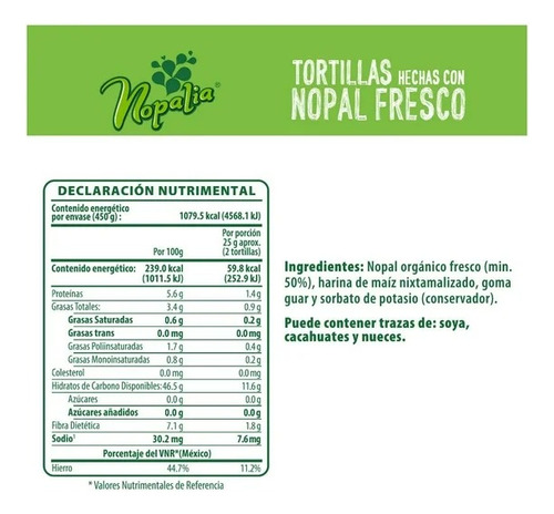 Tortillas Nopalia De Nopal Orgánico Y Maíz De 450 G