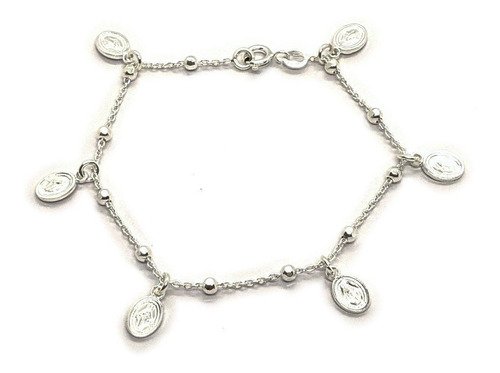 Pulsera Espejo Medalla Milagrosa Y Bolitas Plata 925