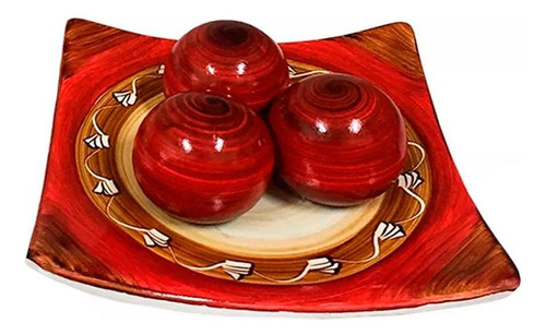 Centro De Mesa Prato 3 Esferas Em Cerâmica Vermelho Mescla