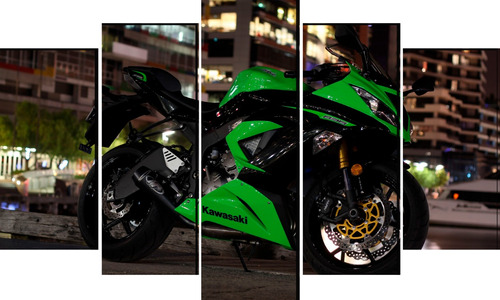 Cuadro 5 Piezas Ninja Kawasaki Verde Moto De Pista Textura