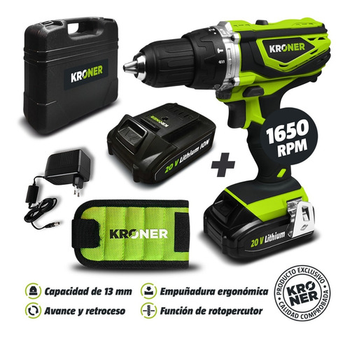 Taladro Percutor 13mm Inalámb 20v Kroner (2 Bat + Muñequera)