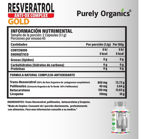 Imagen 2 de 5 de Resveratrol Anti-ox Complex Gold | 90 Caps | Antioxidante