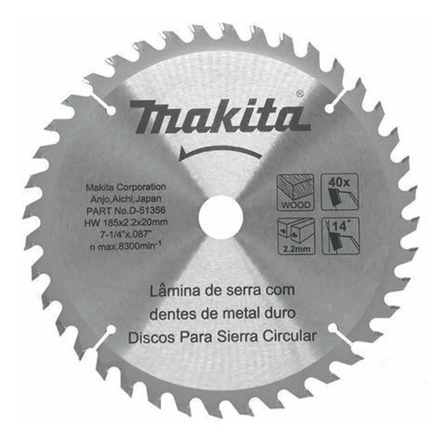 Disco Sierra Widia Ø185mm Makita D-51356 40d P/madera